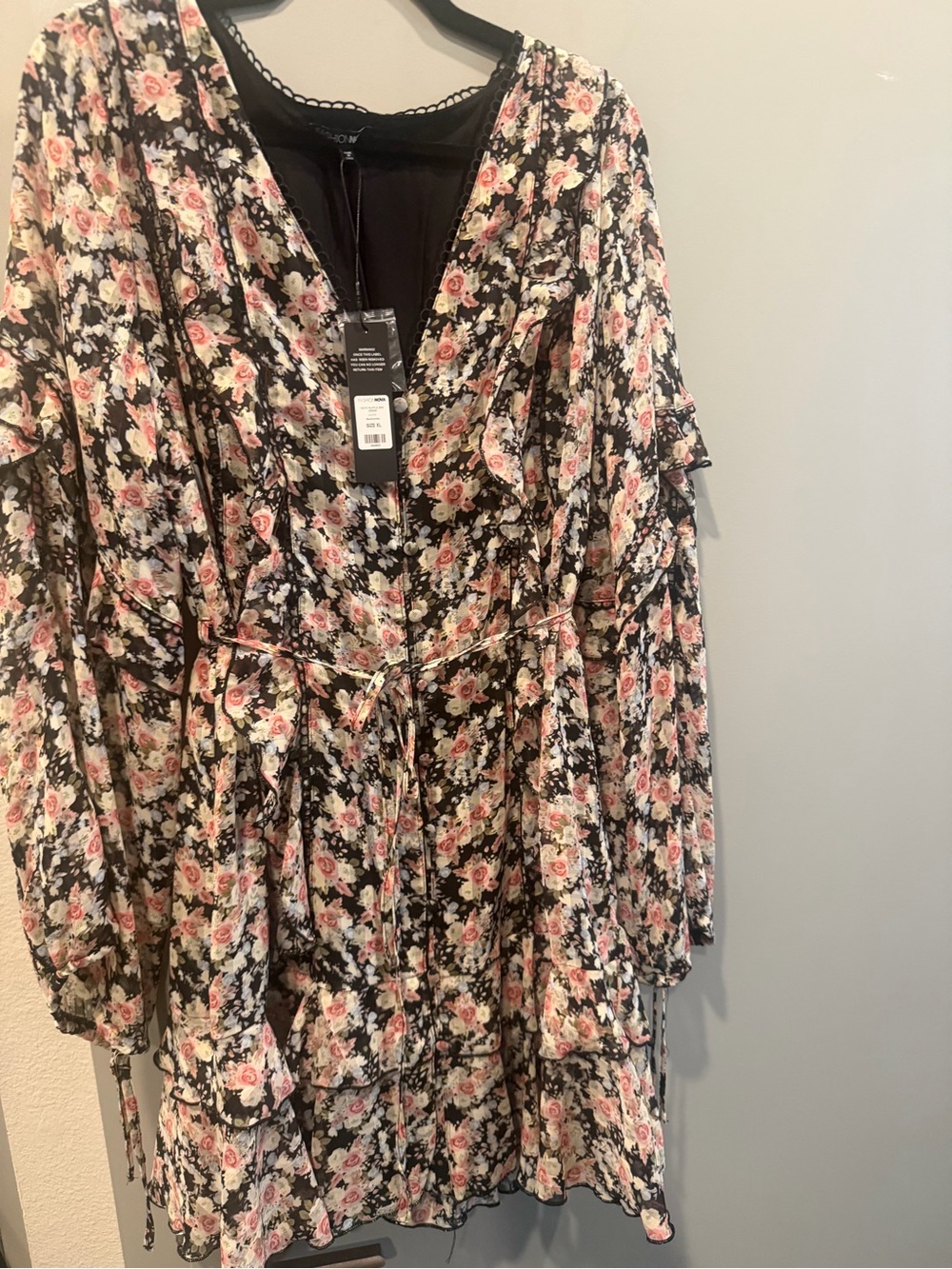 Fashion Nova Black Floral Ruffle Wrap Dress with Pink Roses